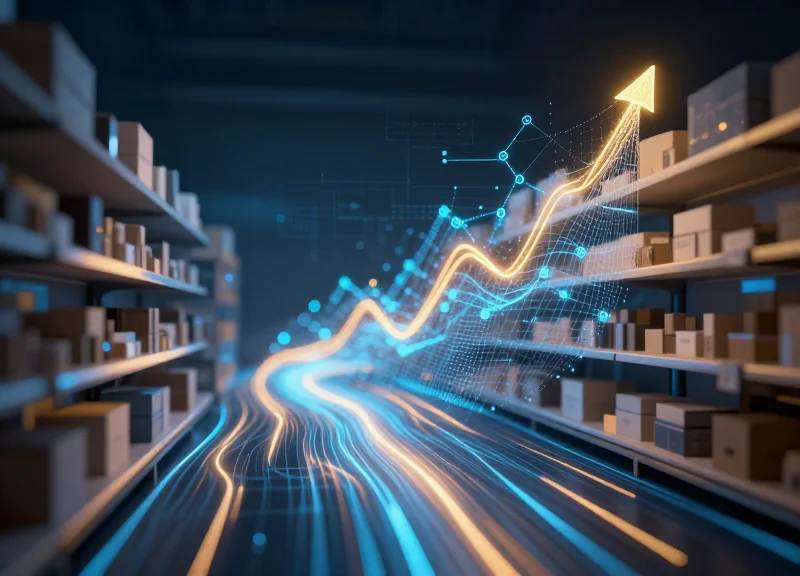 An abstract digital visualization of a retail environment with glowing data nodes and flowing light trails representing AI behavior recognition and security monitoring.