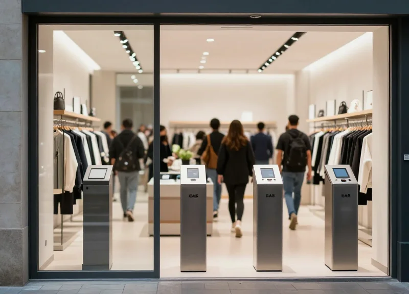 A modern high-end retail store entrance featuring sleek security pedestals with customers walking in the background blurred.