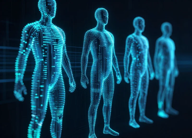 Abstract visualization of AI recognizing human silhouettes through glowing data points and connectivity lines.