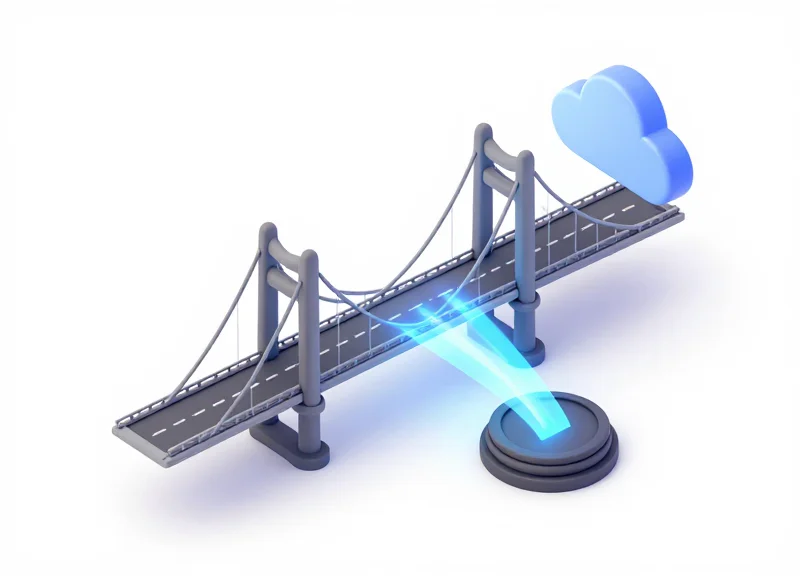 Isometric 3D view of a bridge connecting a physical retail security gate to a floating cloud data center.