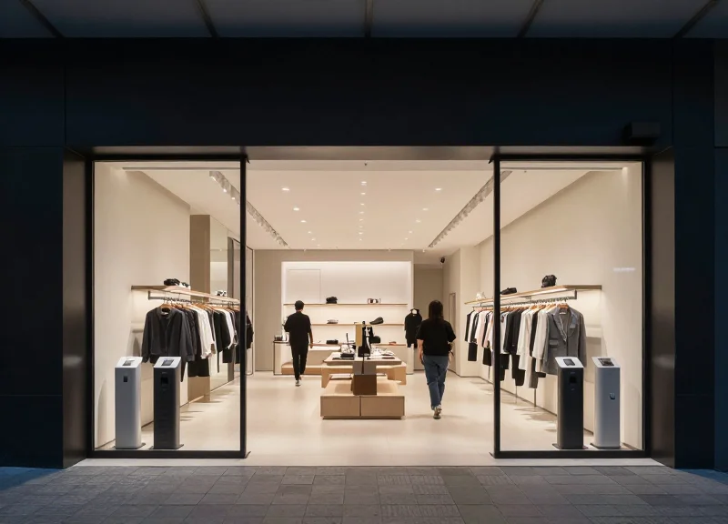 A modern retail store entrance with sleek security pedestals and professional lighting.