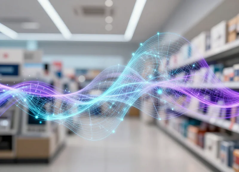 Abstract representation of AI computer vision data streams in a retail environment.