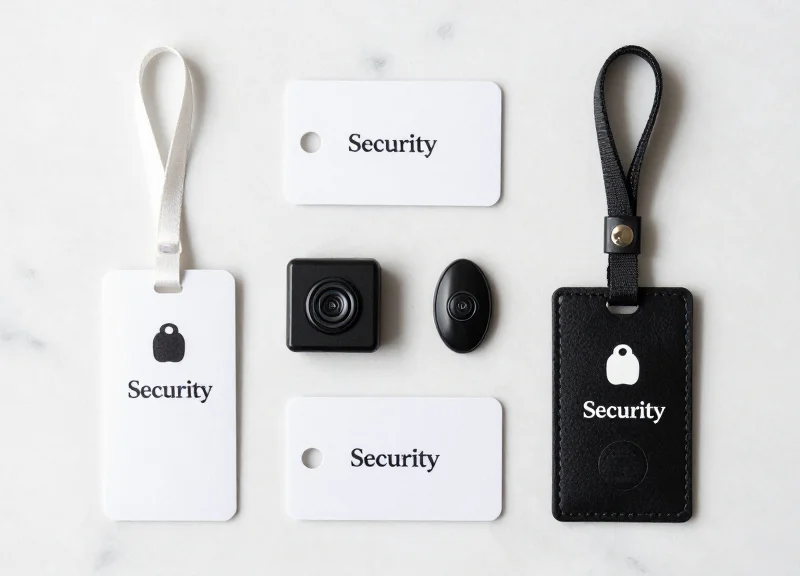 A collection of high-end security tags for luxury items like silk and jewelry.