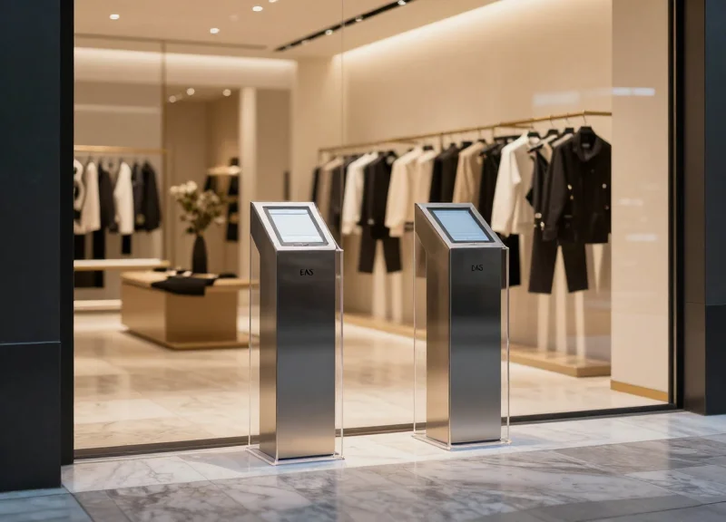 Two sleek, minimalist EAS security pedestals standing at the entrance of a high-end fashion boutique with elegant interior design and marble floors.
