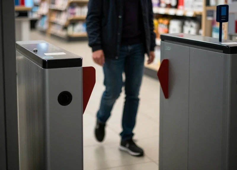 A modern retail store entrance with security pedestals and a customer walking through calmly.