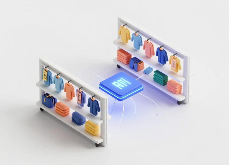Isometric 3D model of retail items with RFID tags connected to a central AI processor.