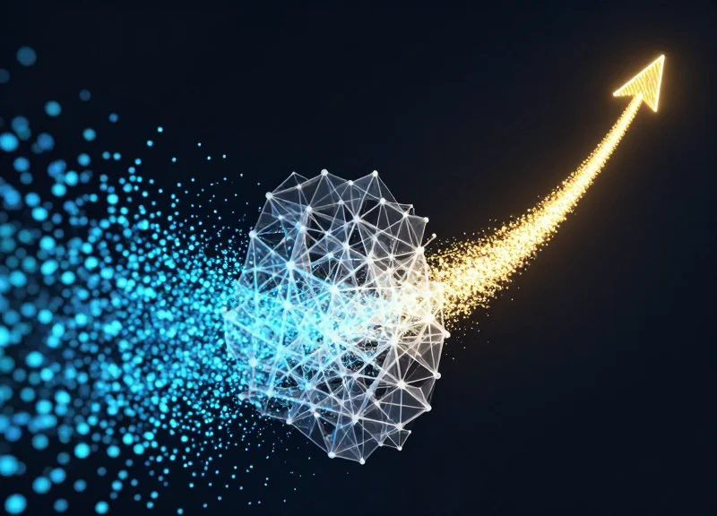 Abstract visualization of glowing data points being filtered through a translucent geometric structure into a clean, rising stream of light, representing retail growth and data efficiency.