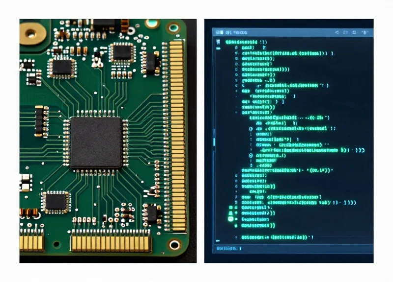Symmetrical split screen showing a hardware circuit board on one side and a digital software interface on the other.