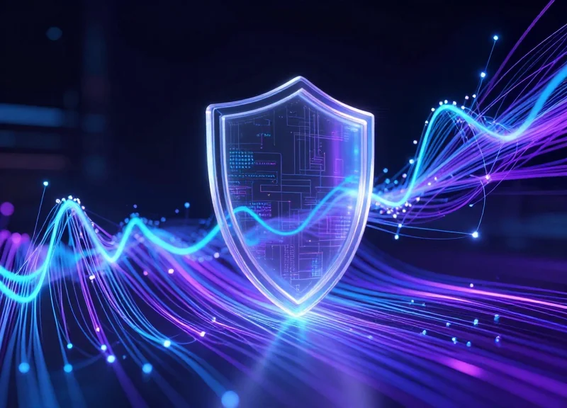 An abstract 3D visualization of a glowing digital shield surrounded by flowing cyan and blue data streams and shifting light trails, representing technical security optimization.