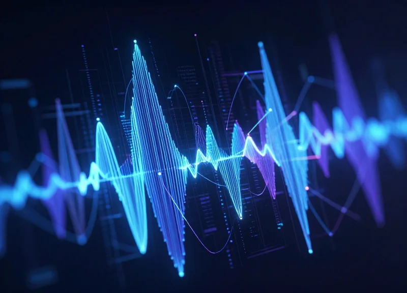 Abstract visualization of AI-driven signal processing with glowing wave patterns and digital nodes