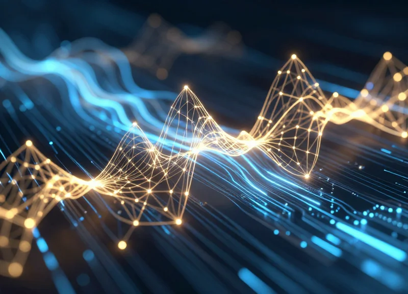 Abstract visualization of glowing blue and gold digital signal waves being processed through a neural network of light nodes in a futuristic environment.