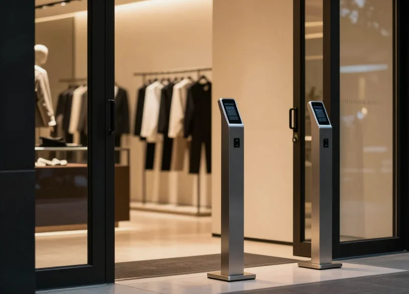 The entrance of a luxury boutique featuring sleek security pedestals and high-end fashion displays.