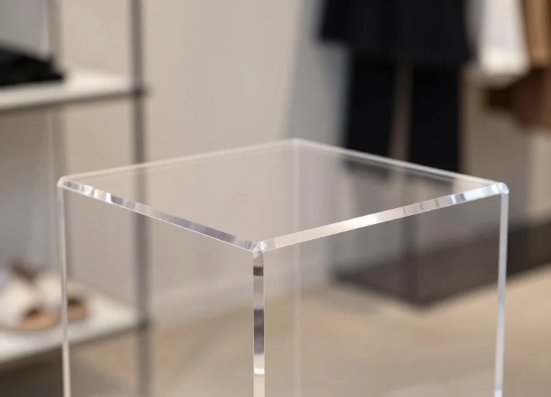 A close-up of a high-end transparent acrylic security pedestal in a designer store.