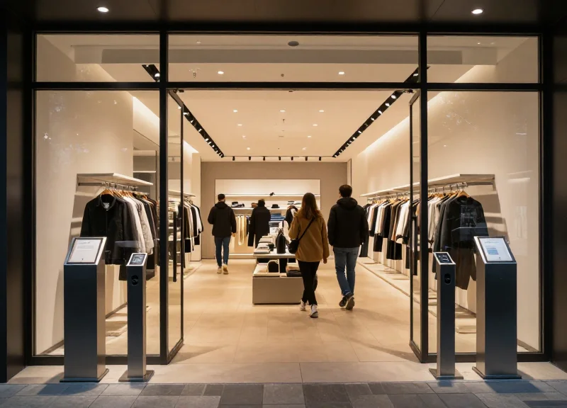 Modern retail store entrance with subtle AM security pedestals and shoppers.