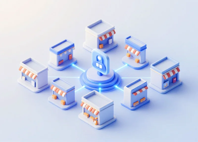Isometric 3D model of multiple retail stores connected to a central deployment hub.