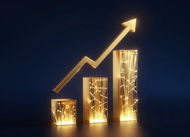 Conceptual 3D visualization of financial growth and ROI through technology.