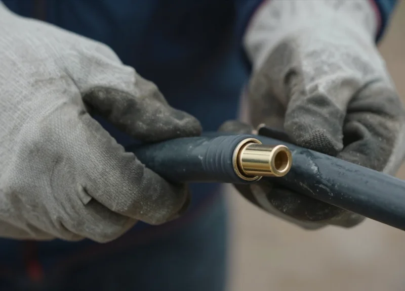 Close-up of a technician inspecting aged coaxial cabling for signs of wear.