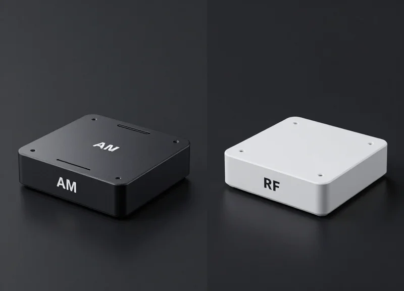 A side-by-side visual comparison of an AM security pedestal and an RF security pedestal in a studio setting.