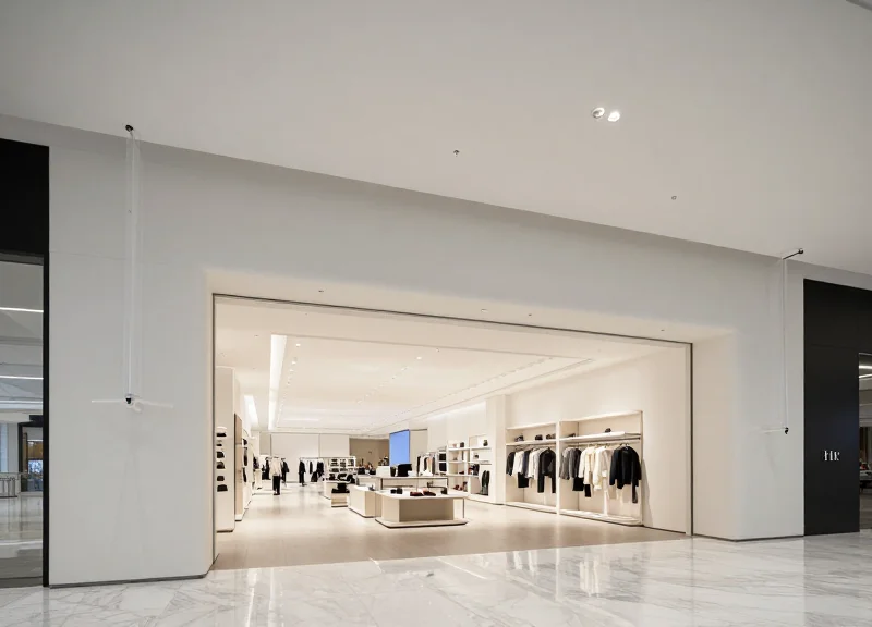 A spacious luxury shopping mall exit showing a wide doorway with invisible security systems.