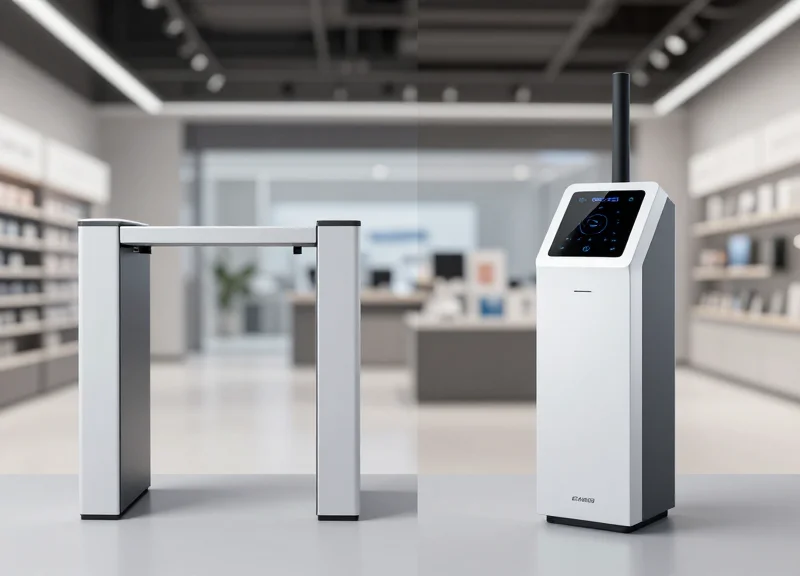 A professional side-by-side comparison of two different retail security antenna designs in a modern store setting.
