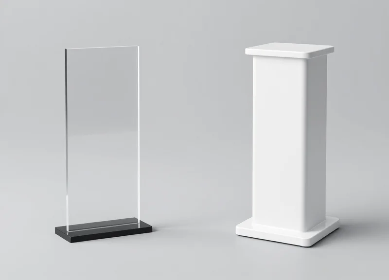 A side-by-side comparison of two retail security pedestals showing the structural differences between AM and RF technology models.