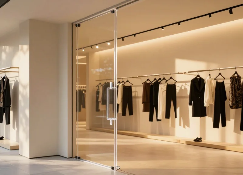 An elegant clothing boutique interior where a transparent acrylic security antenna is discreetly integrated into the entrance design.