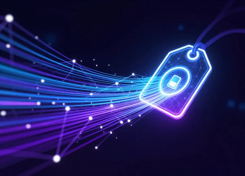 Abstract visualization of a retail security system connected to digital data streams representing RFID and ESL integration.