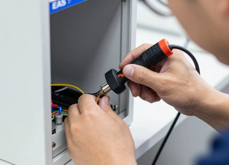 A professional technician carefully installing and testing a refurbished security antenna system in a shop.