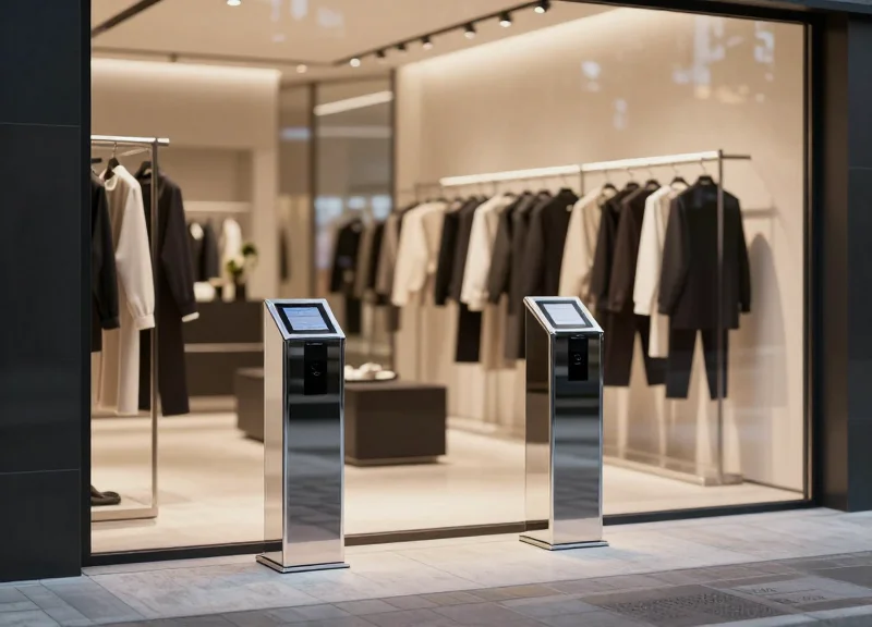 A pair of sleek, modern electronic article surveillance security pedestals standing at the entrance of a high-end fashion boutique with minimalist interior.