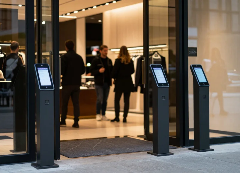 A modern retail store entrance featuring sleek security pedestals with blurred customers in the background.