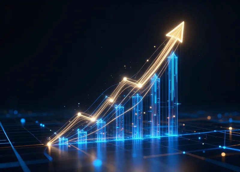 Abstract visualization of financial growth and ROI using glowing data streams.