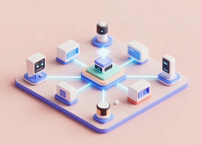 Isometric 3D view of an integrated retail ecosystem with RFID and security components.