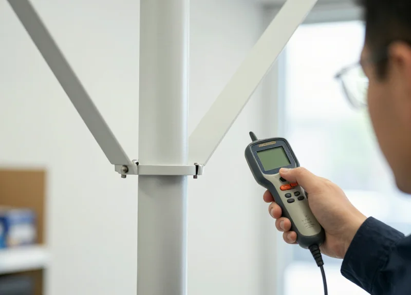 A professional technician inspecting a vertical EAS security antenna pedestal with technical tools in a clean retail environment.