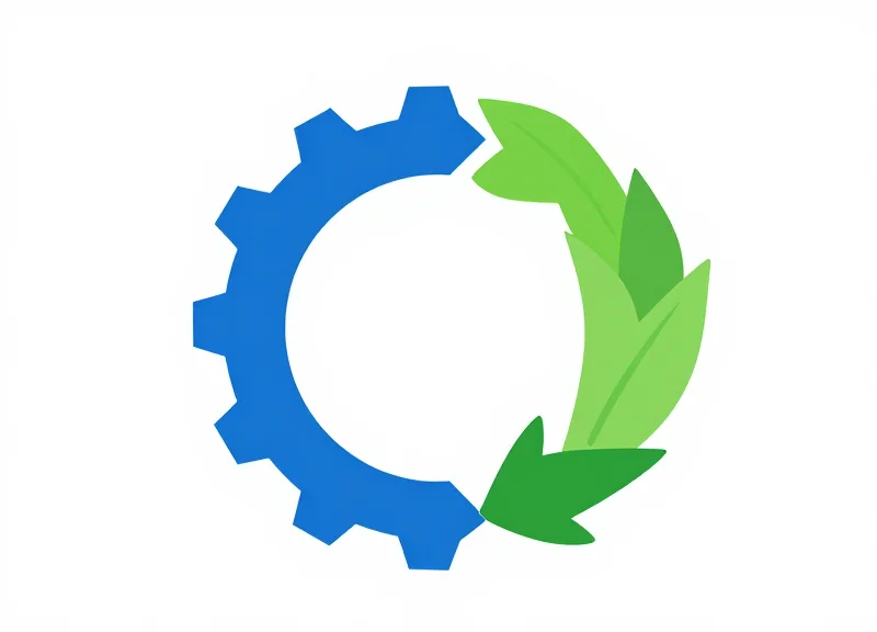A conceptual illustration of the circular economy featuring a mechanical gear transforming into green leaves.