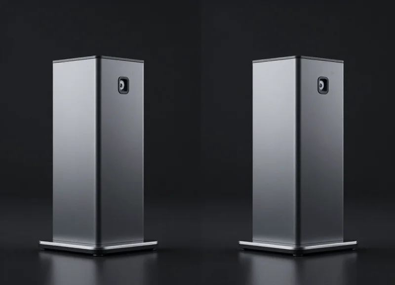 A side-by-side visual comparison of a new security pedestal and a professionally refurbished one.