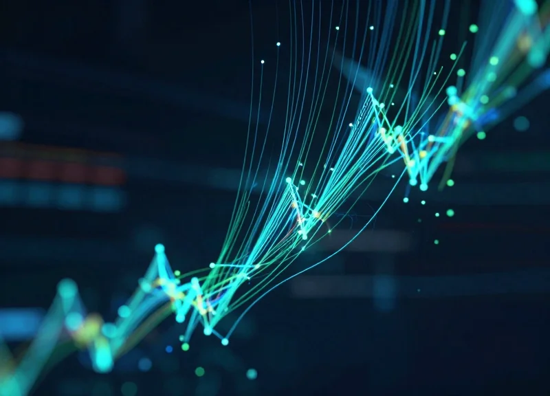 Abstract data visualization showing glowing green and blue light trails rising sharply to represent high ROI.