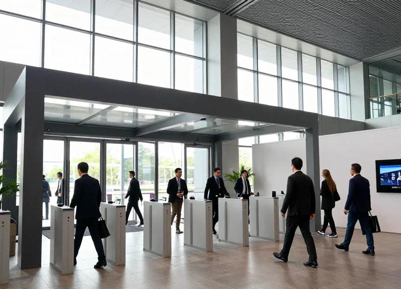 Attendees walking through a trade show entrance equipped with unobtrusive security gates.