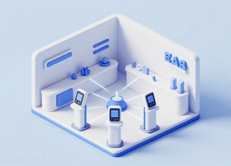 An isometric 3D illustration of a modern trade show exhibition booth featuring sleek security pedestals at the entrance, with miniature displays and digital connection lines representing a secure event environment.