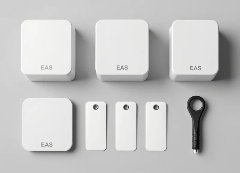 A neatly organized collection of EAS pedestals, security tags, and a detacher tool on a grey surface.