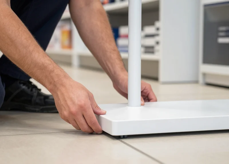 Close-up of a technician's hands positioning a white security pedestal at a shop entrance.