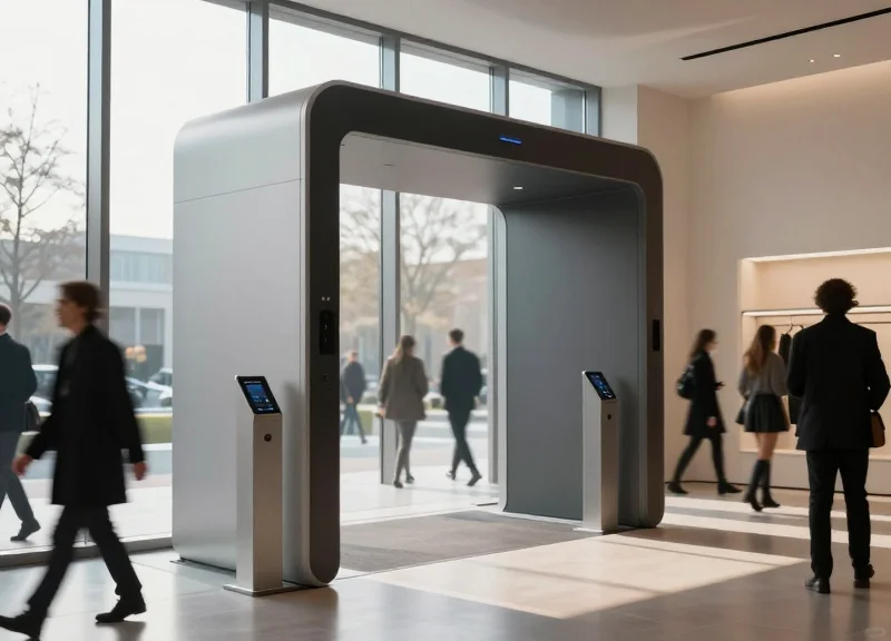 A modern futuristic boutique interior with sleek security pedestals at the entrance, natural lighting through large windows, 2026 retail aesthetic.