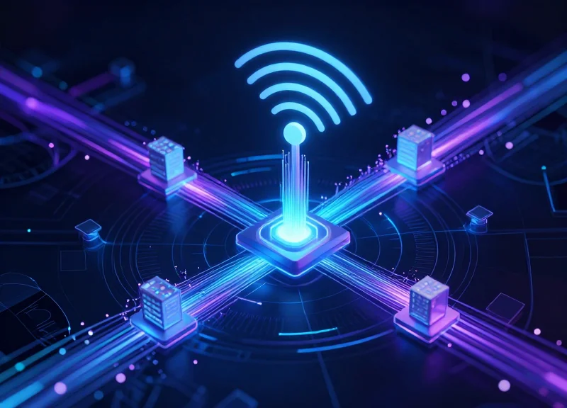 Abstract visualization of RFID signals as glowing blue data streams connecting retail products to a central digital network.