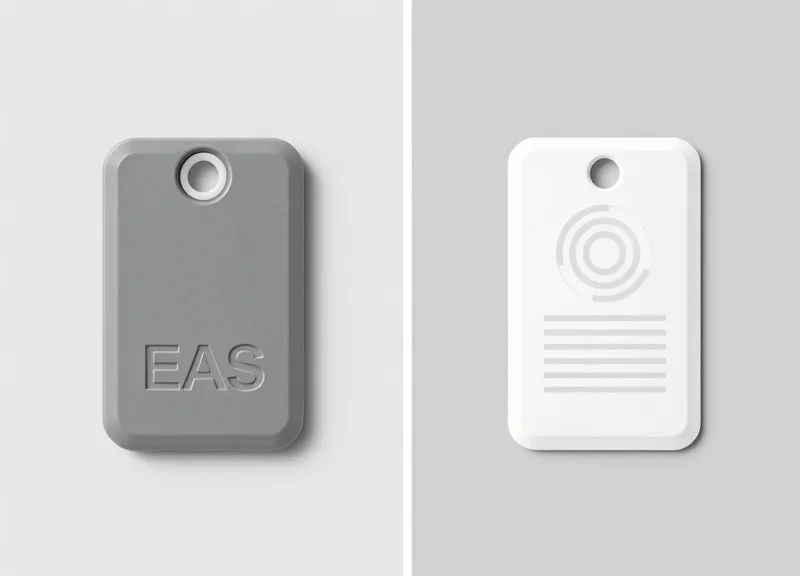 Side-by-side comparison of a traditional plastic EAS hard tag and a modern slim RFID adhesive label on a neutral background.