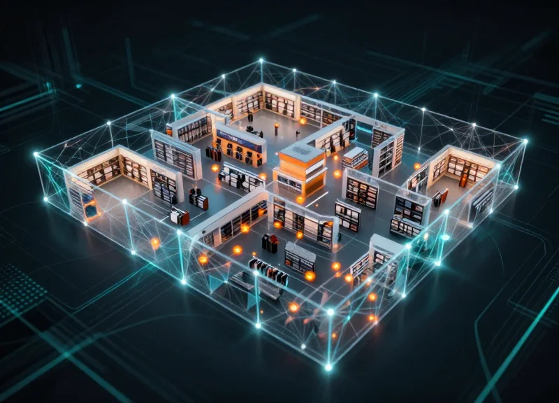 Conceptual representation of AI retail security with abstract glowing nodes forming a neural network over a store layout.