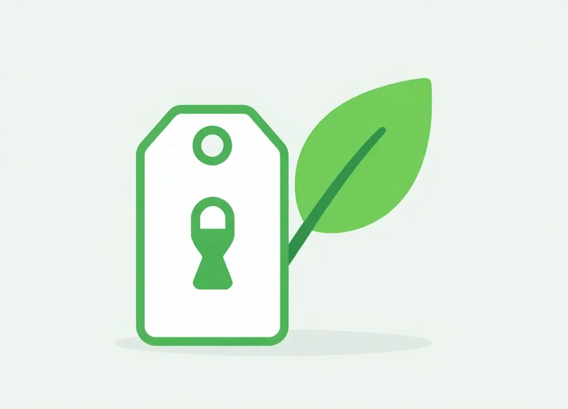 Minimalist vector illustration of a security tag integrated with a green leaf, symbolizing sustainable and reusable retail technology.