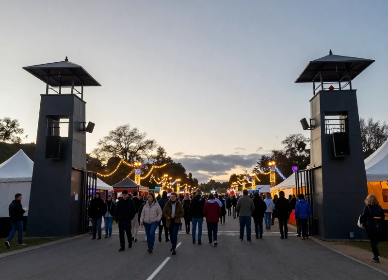 A bustling seasonal outdoor festival with high-tech mobile security gate installations at the entrance.
