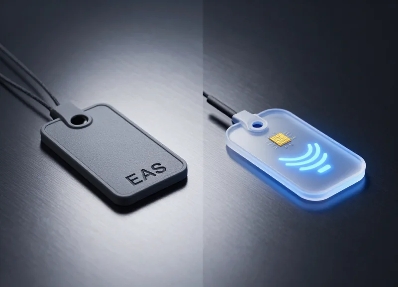 A side-by-side comparison of a traditional security tag and a modern high-tech RFID tag on a sleek dark surface with futuristic lighting.