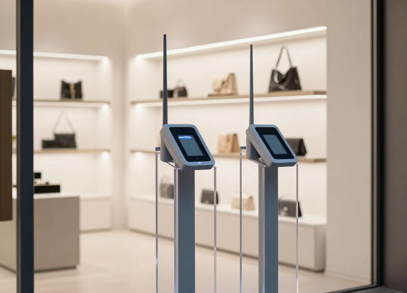 Two sleek, transparent EAS security pedestals at the entrance of a high-end minimalist retail store with subtle blue LED lighting.