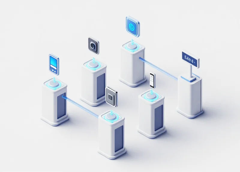 A clean isometric 3D model of a retail security sensor gate system with glowing detection zones and floating technical modules.
