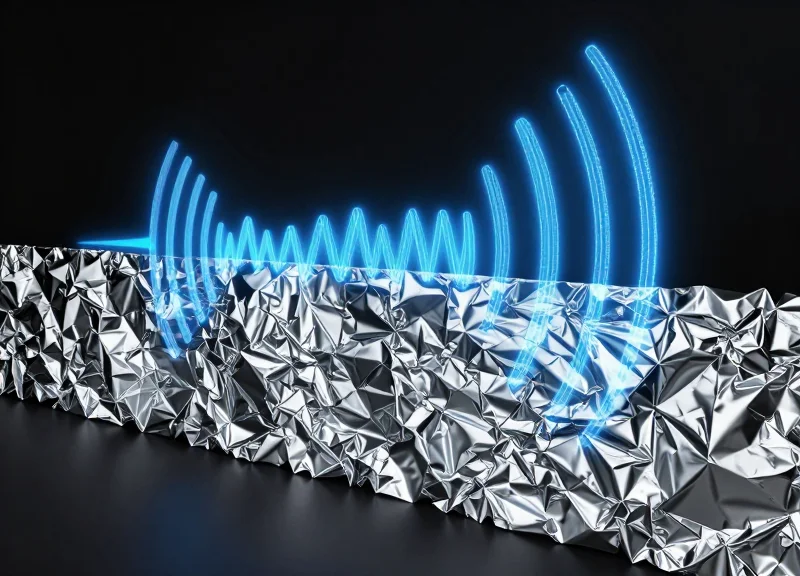 Abstract visualization of wireless signal waves being blocked by a metallic foil barrier.